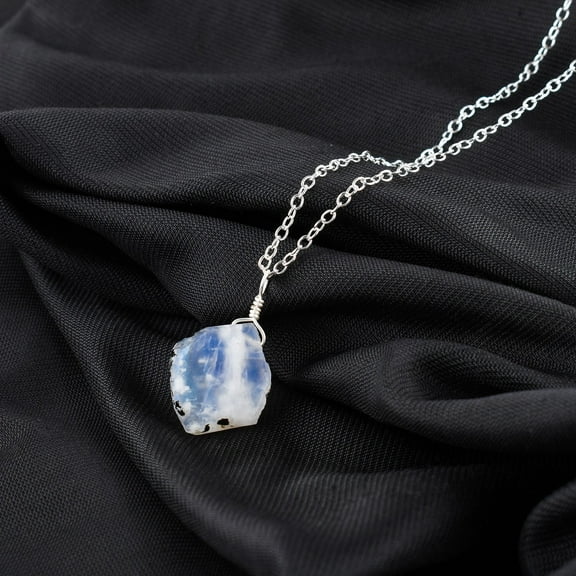 QNAVIC Natural Raw Rainbow Moonstone Gemstone Rough Stone Handmade Dainty Pendant Necklace, Healing Chakra Crystals, Birthstone Gift for Women, Silver Plated Chain 18 inch