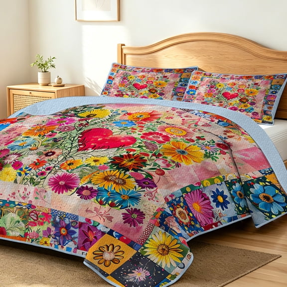 FIVERAM Heart Floral Patchwork Quilt Set Queen Size,3 Piece Boho Bedspread for Queen Bed,Lightweight Coverlet Bedding Set with Pillow Shams All Season