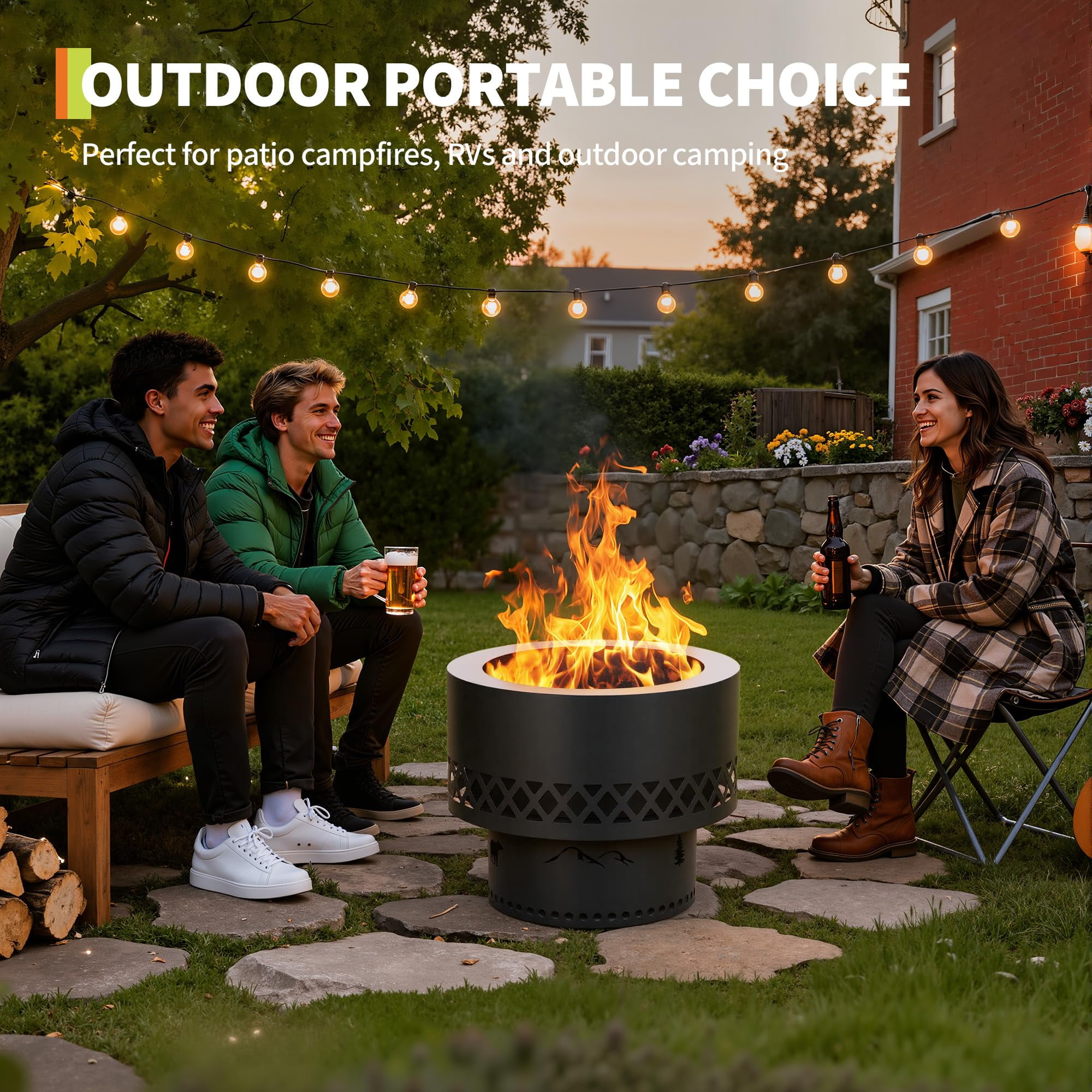 19 Inch Smokeless Fire Pit, Fire Pits for Outside Wood Burning, Portable Bonfire Outdoor Firepit with Removable Ash Pan & Dust Bag, Camping Backyard