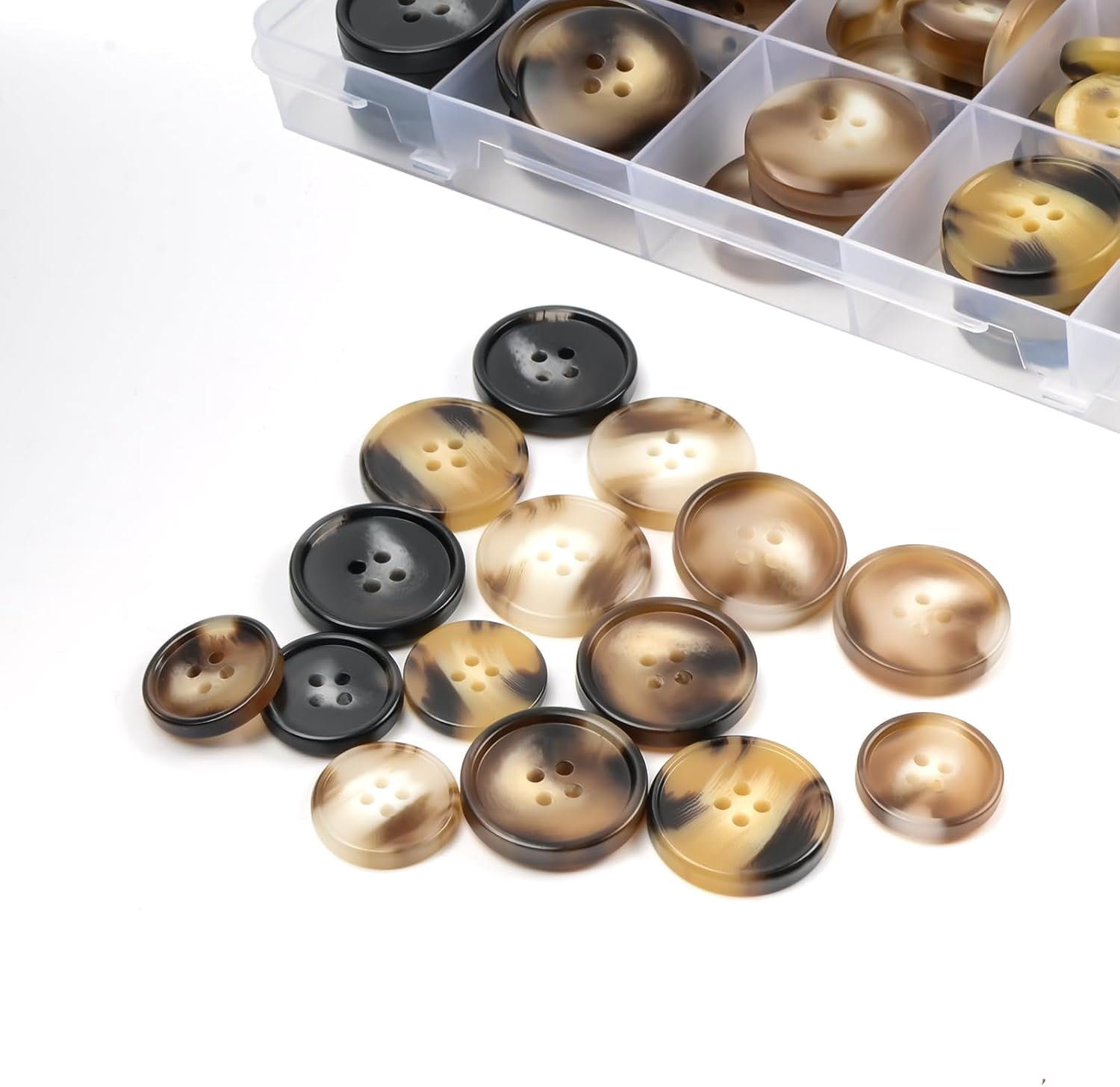 110Pcs Mixed Sewing Buttons, 4-Hole Craft Round Blazer Buttons, 5 Color 3 Size (15mm, 20mm, 25mm) Suit Coats Resin Button, Suitable for Variety Clothing Sewing, DIY Craft (Coffee Color)
