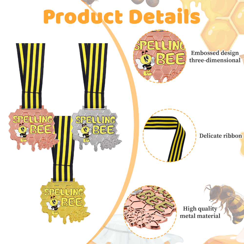 3 Pcs Spelling Bee Honeycomb Medals with Neck Ribbons, Gold Silver Bronze Awards Represents 1st 2nd 3rd Place, Durable Zinc Alloy Medals for Competition Events Party Decorations and Club Activities
