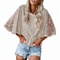 thumbnail image 3 of Women Lace Embroidered Blouse Batwing Short Sleeve Peplum Loose Casual Top Khaki XL, 3 of 7