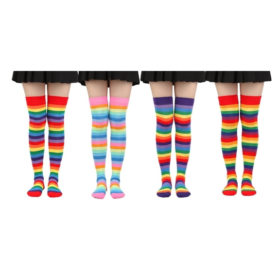 4 Pairs Rainbow High Socks Women Colorful Striped  Knee SocksThigh High Stockings for Girl