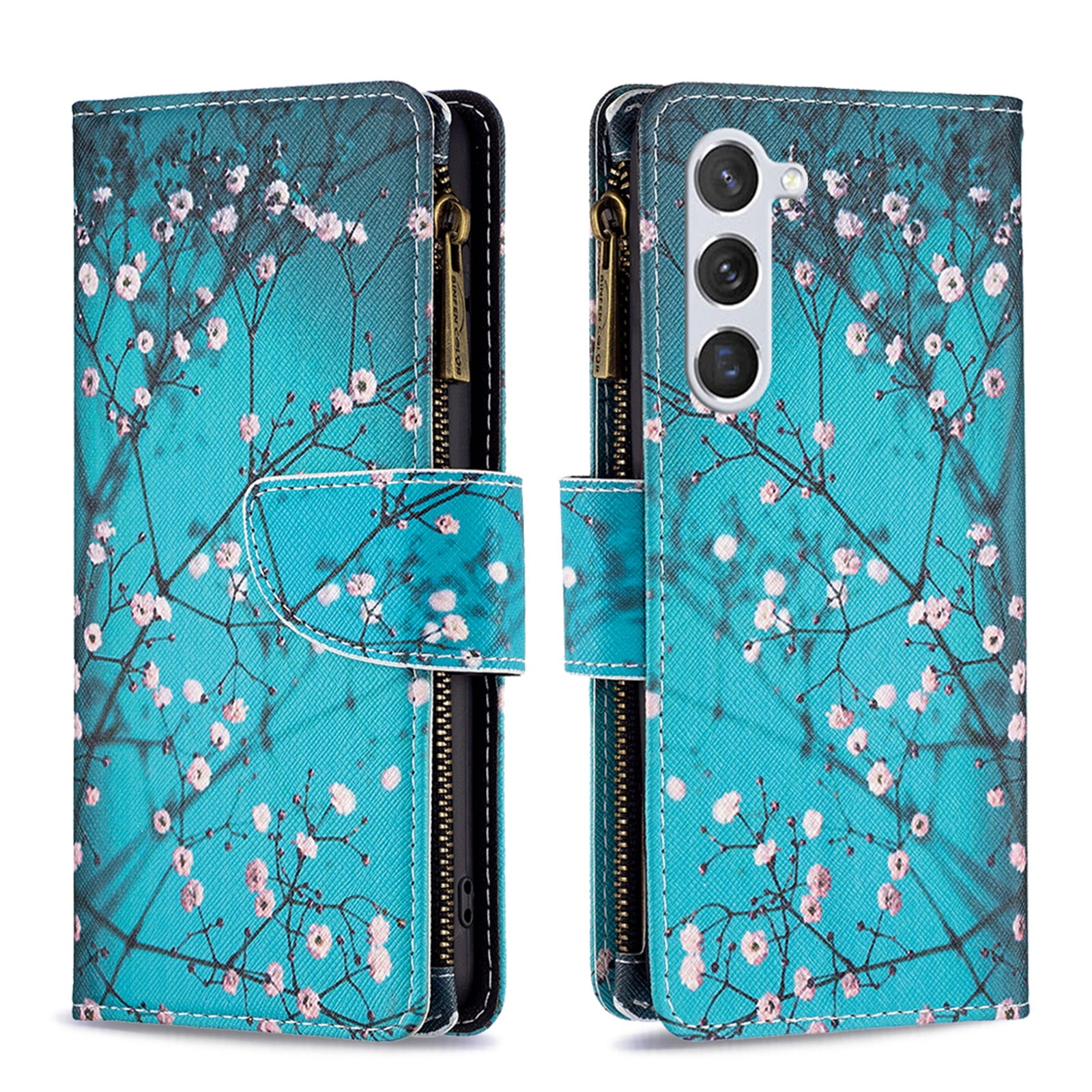 Dteck Zipper Wallet Case for Samsung Galaxy S24,Magnetic Leather Pattern Card Slots Case Shockproof Rubber Kickstand Full Body Protective Bag Cover,Plum Blossom