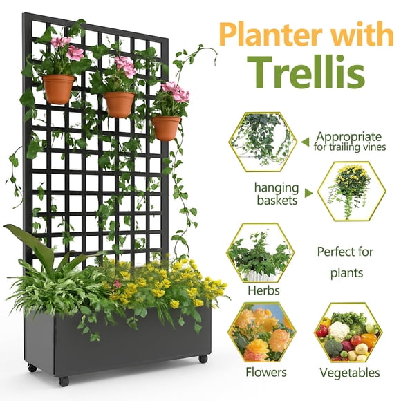 Jardin Surélevé en Métal Galvanisé avec Roues et Treillis Carré – Bac de Plantation Extérieur pour Plantes Grimpantes, Légumes, Vignes – Jardinière d'Intimité pour Patio, Cour – Noir, Grand