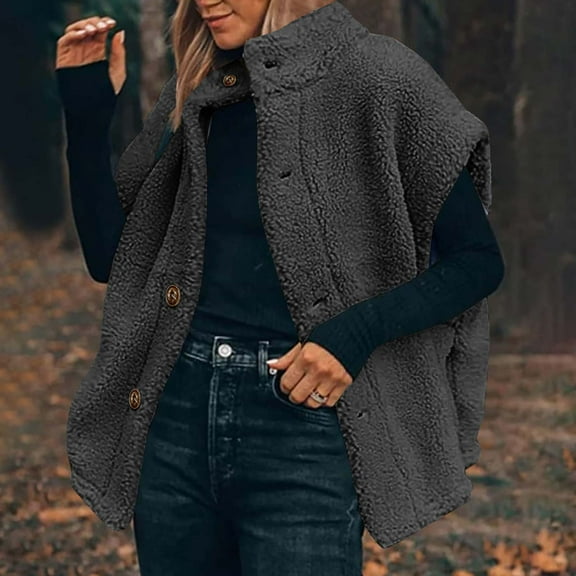Fanxing Oversized Sherpa Vest Women Button Down Sleeveless Fleece Jacket Fuzzy Stand Collar Waistcoat Winter Coat Dark Gray S