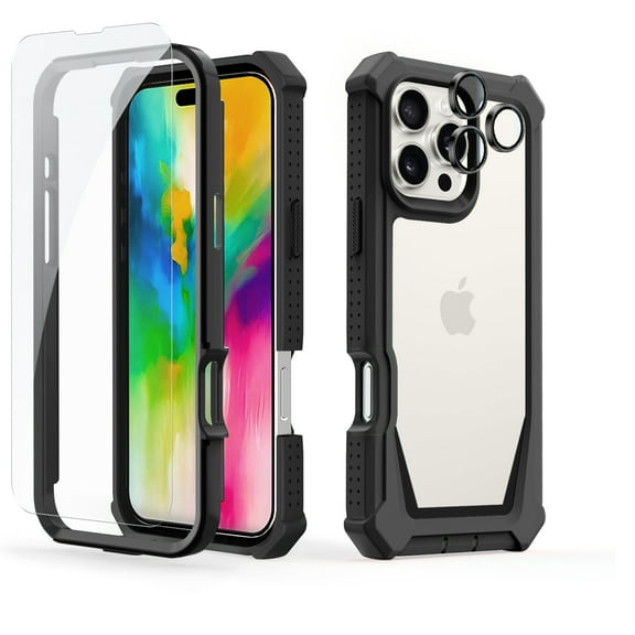Dteck for iPhone 16 Pro Case 6.3", Full Body Bumper Phone Case with Glass Screen Protector Camera Lens Protector, Drop Proof iPhone 16 Pro Cover, Black