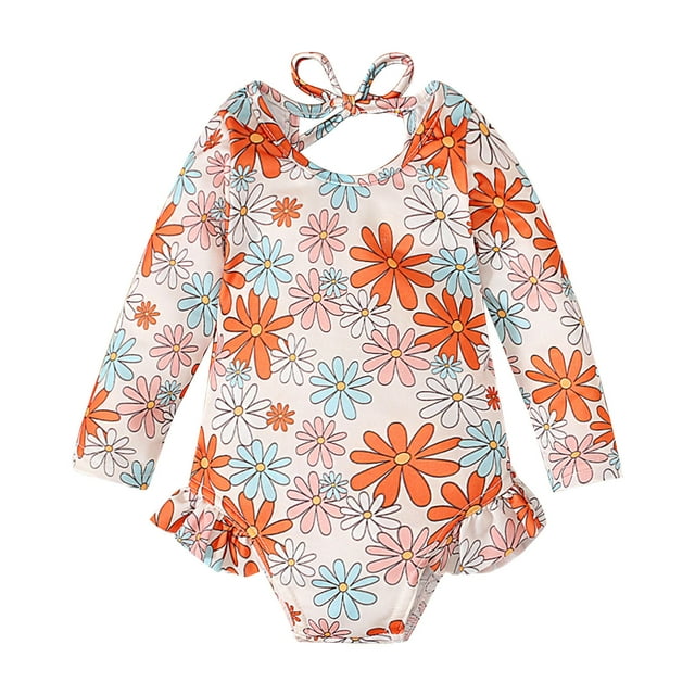 Yanlir Girls' Bathing Suit Girls Long Sleeve Cute Flower Swimsuit Rash Guard Swimwear Pullover Quick Dry Bathing Suits Sun Protection 6 Months-3 Years(Orange,12 Months)