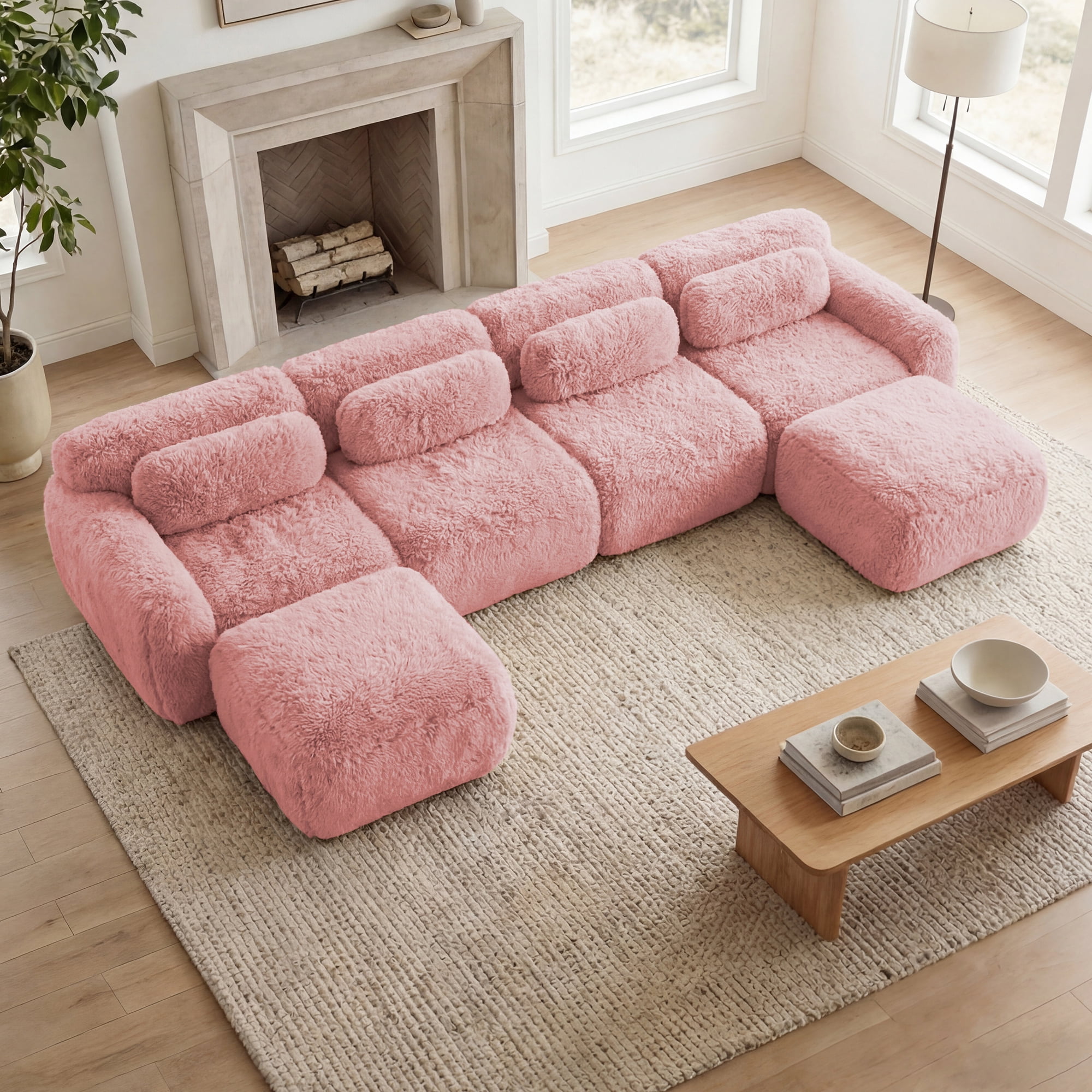 MAYEERTY 149" U-Shaped Boneless Sofa, Pink 32D High Density Foam Ergonomic Couch, Non-Slip Base Vacuum Compression Free Combination No Assembly Design for Living Room Study