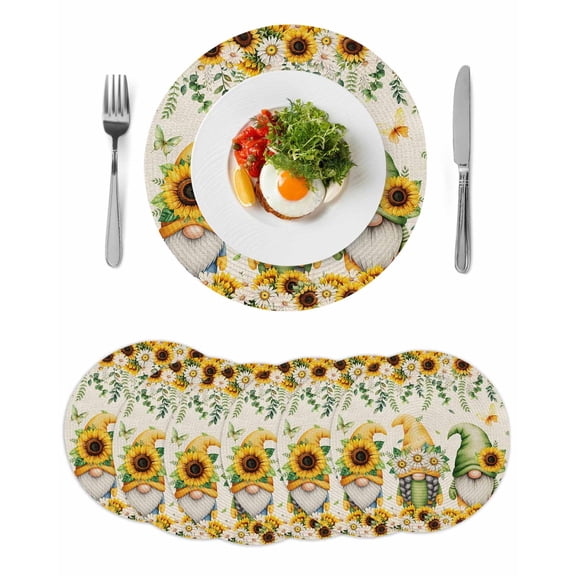Spring Gnomes Round 15 Inch Placemats Set of 6, Retro Botanical Flowers Leaves Butterfly HeatResistant Non Slip Place Mats for Dining Table, Wipeable Braided Kitchen Table Mats for Housewarming