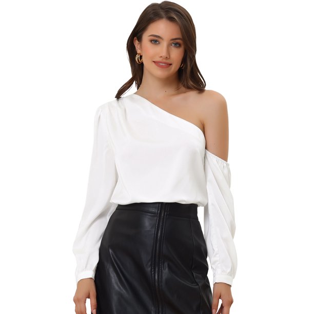 Blusa de Trabajo de Oficina Elegante Manga Larga con Hombros Descubiertos para Mujer blanco S