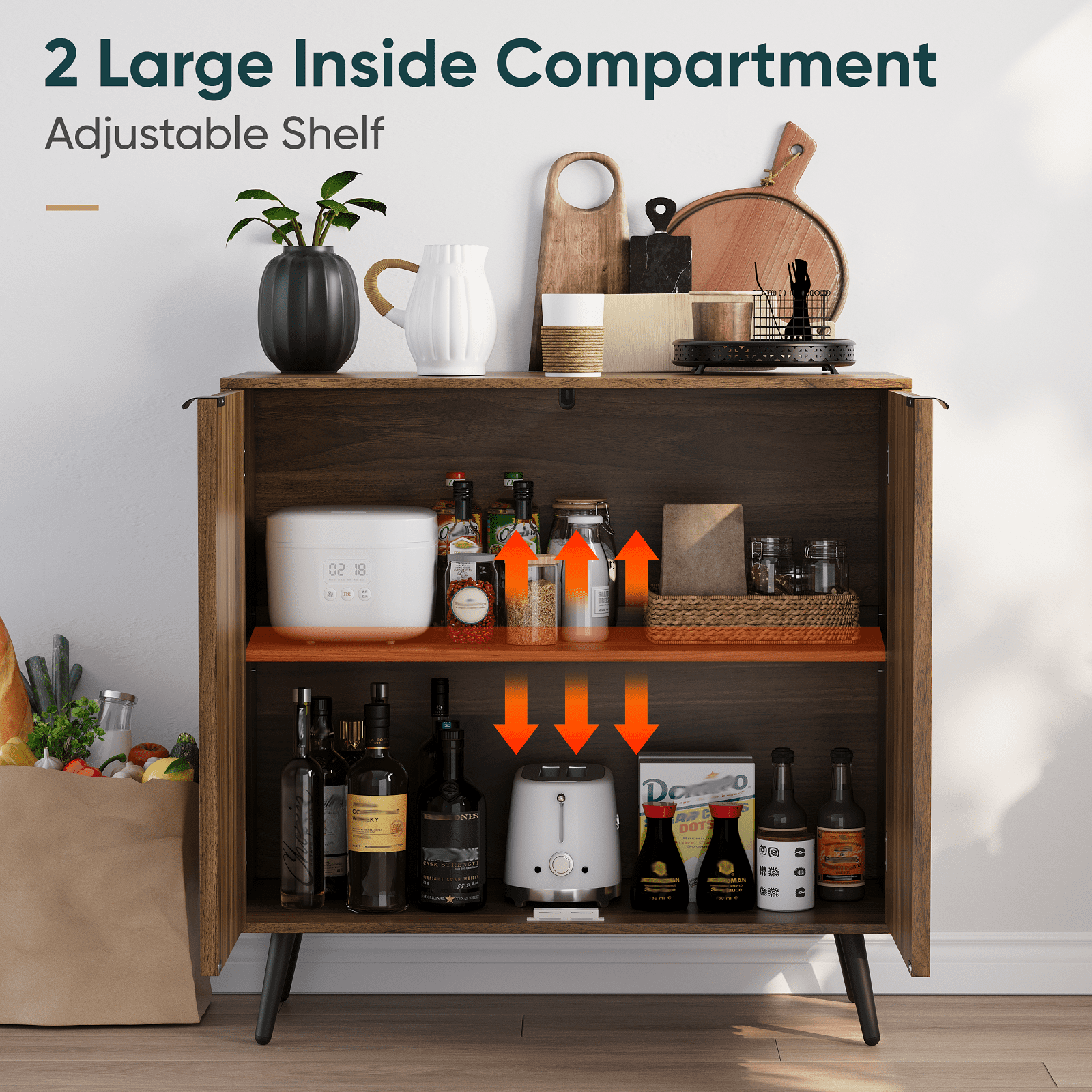Algherohein Modern Sideboard and Buffets with 1 Storage Shelf,Entryway Fluted Cabinet with Doors,2 Pack