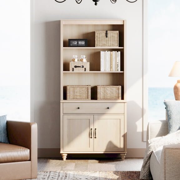 WAMPAT 72" Tall 5-Tier Farmhouse Bookcase, Light Oak Bookshelf with Cabinet Doors & Drawer