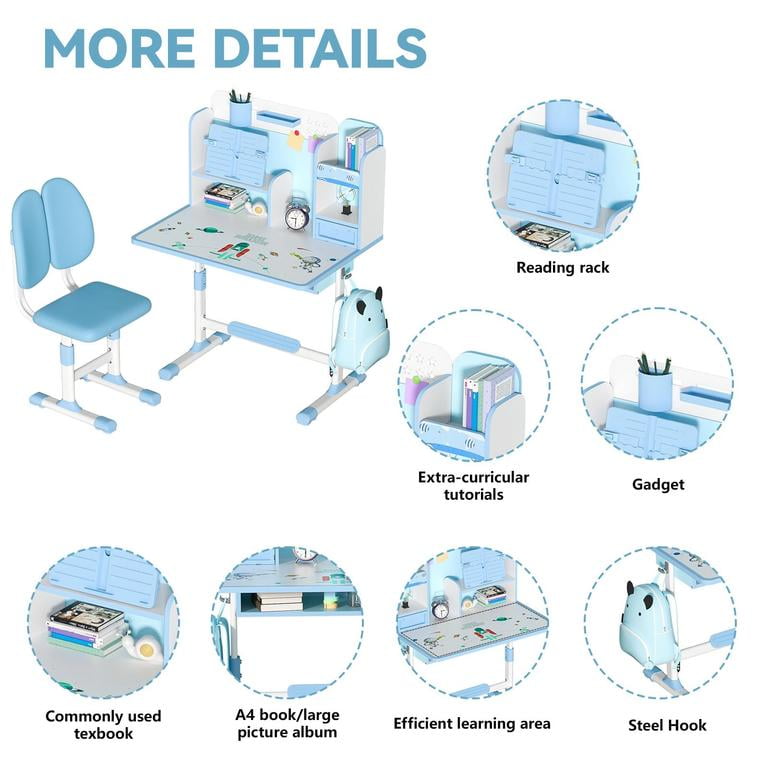 YNCE Kids Functional Desk and Chair Set, Ergonomic Height Adjustable Children School Study Desk with Book Stand, Storage Drawer and Metal Hook for Boys Girls
