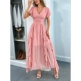thumbnail image 6 of Women'S Casual Summer V Neck Flutter Ruffle Short Sleeve Irregular Hem High Waist Flowy Midi Dresses Pink S, 6 of 9