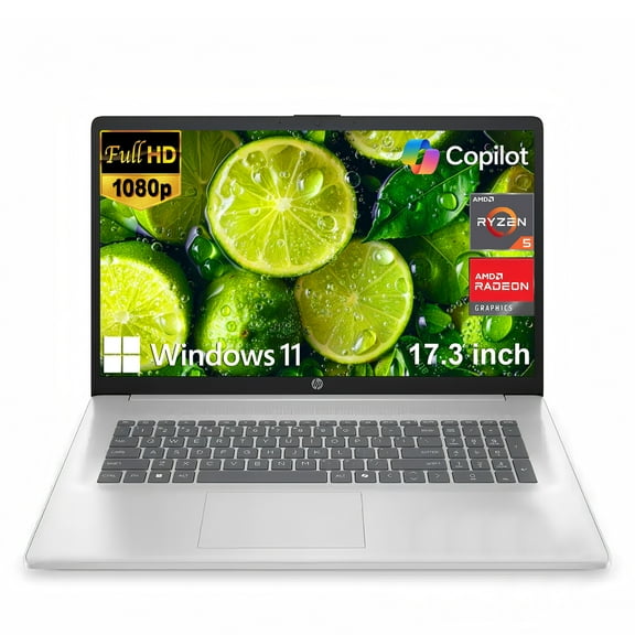 HP 17.3 inch Laptop, FHD (1920x1080) IPS Display, Quad-Core, AMD Ryzen 5 7000 Series, 8GB RAM, 512GB SSD, AMD Radeon, Anti-Glare, Wi-Fi 6, Windows 11, HDMI, USB-C, USB-A, Silver