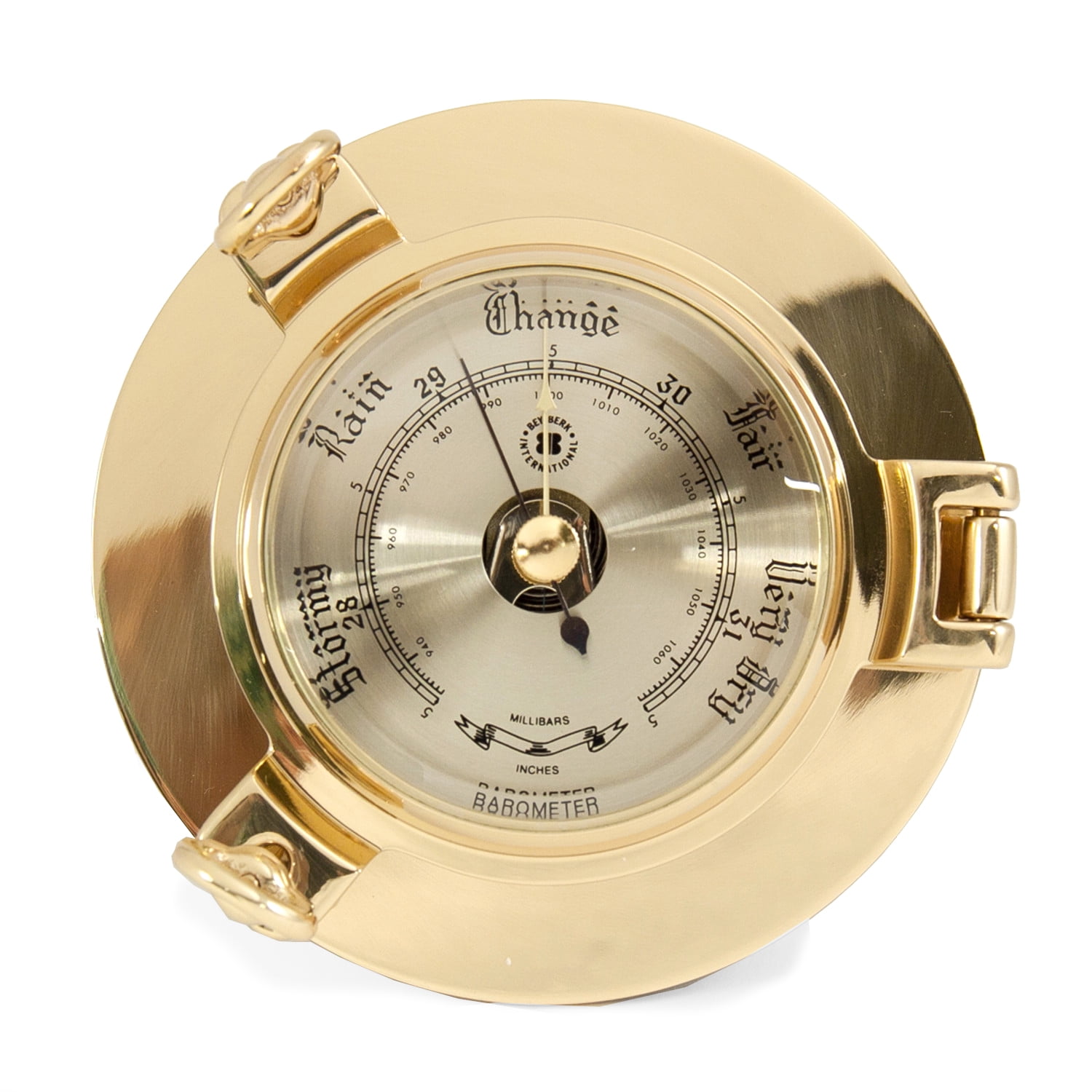 Lacquered Brass Porthole Barometer with Beveled Glass.
