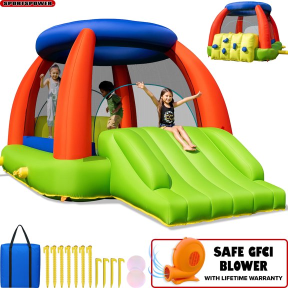Sportspower My 1st Inflatable Bounce House with Slide & Climbing Wall, Kids Bouncer with Blower & Anchors, Indoor Outdoor Play
