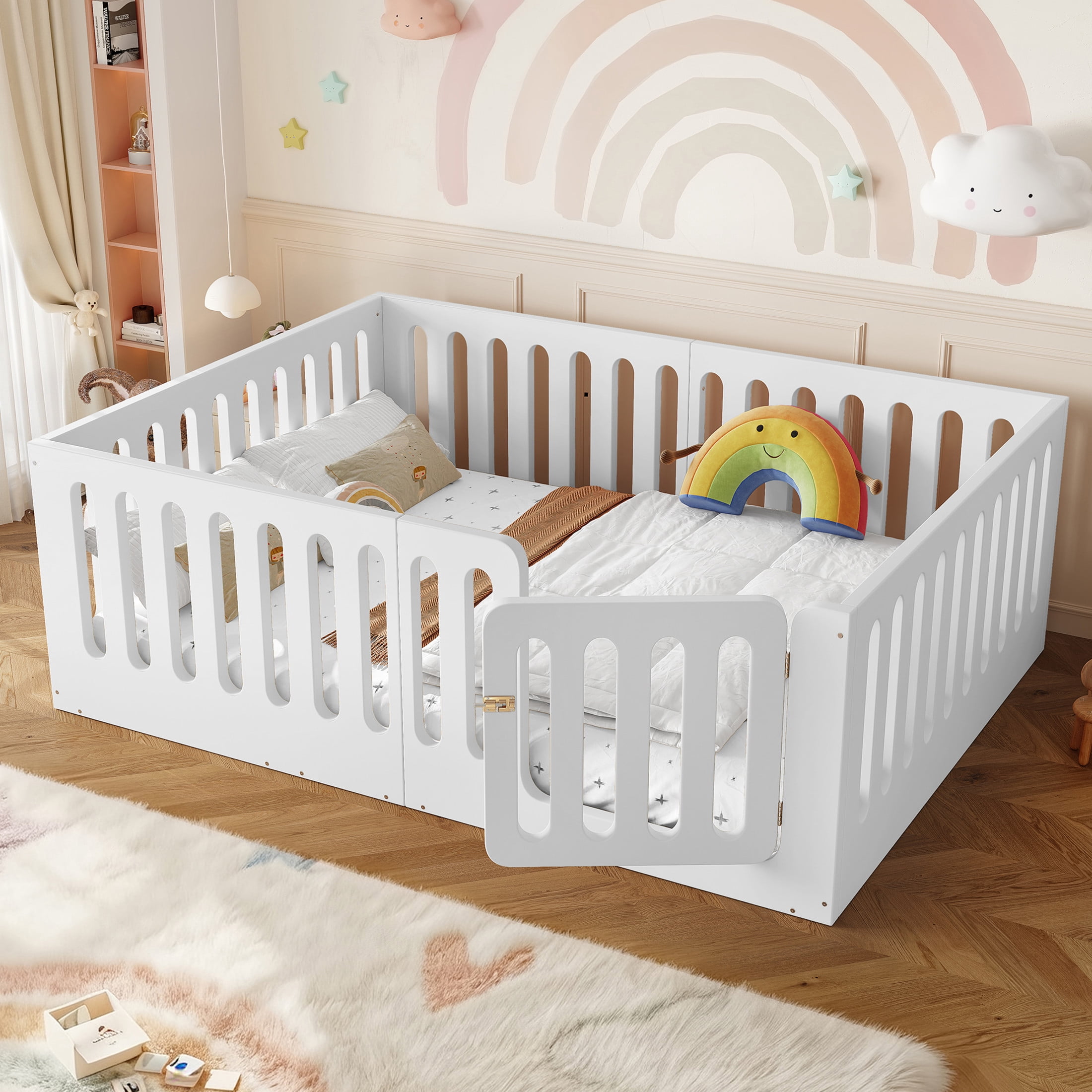GDF Studio Full Size Montessori Floor Bed with High Guardrails & Door, Low-Profile Design, White