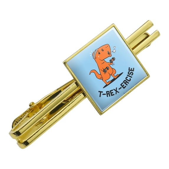 T-Rex-Ercise Exercise Dinosaur Funny Humor Square Tie Bar Clip Clasp Tack- Silver or Gold