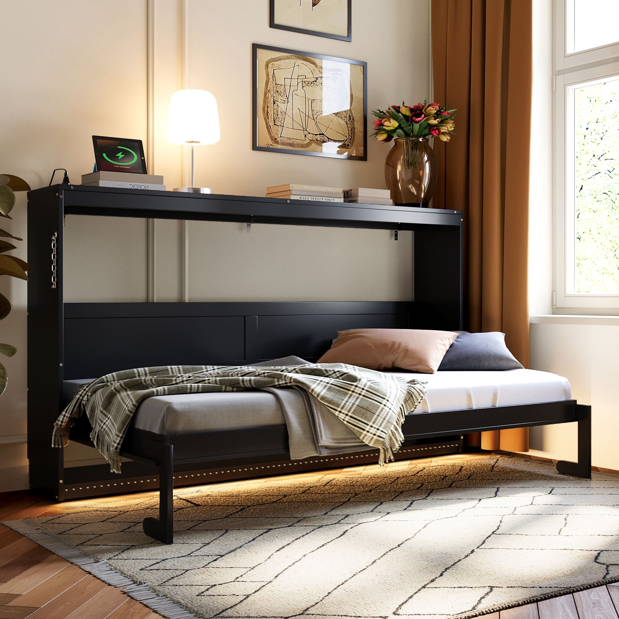 Mintazer Twin Size Murphy Bed with LED Lights & USB Port, Modern Folding Cabinets Bed with Gold Geometric Pattern for Home Office, Black