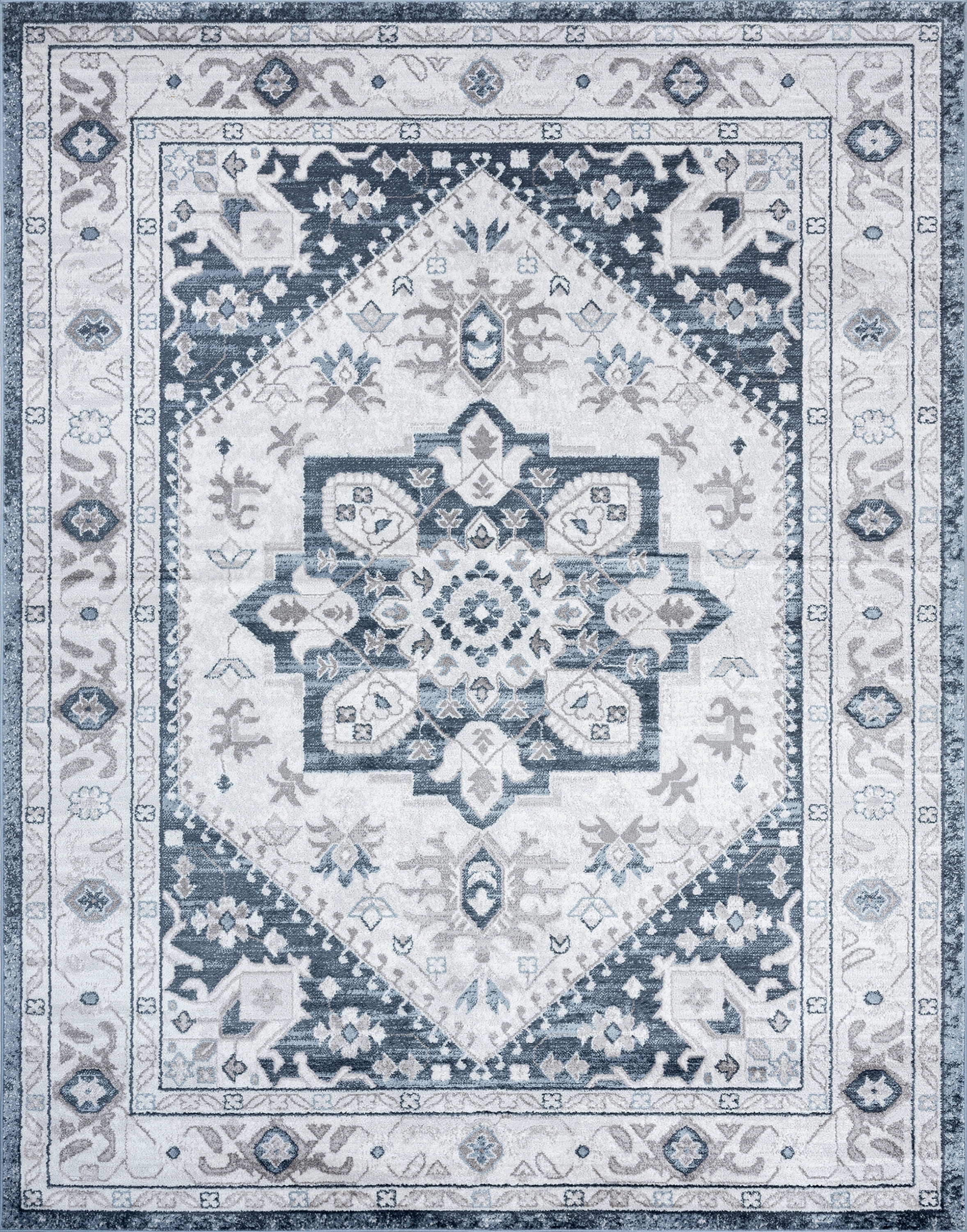 Traditional 9x12 Area Rug (8'10'' x 12'2'') Medallion White, Blue Living Room Easy to Clean