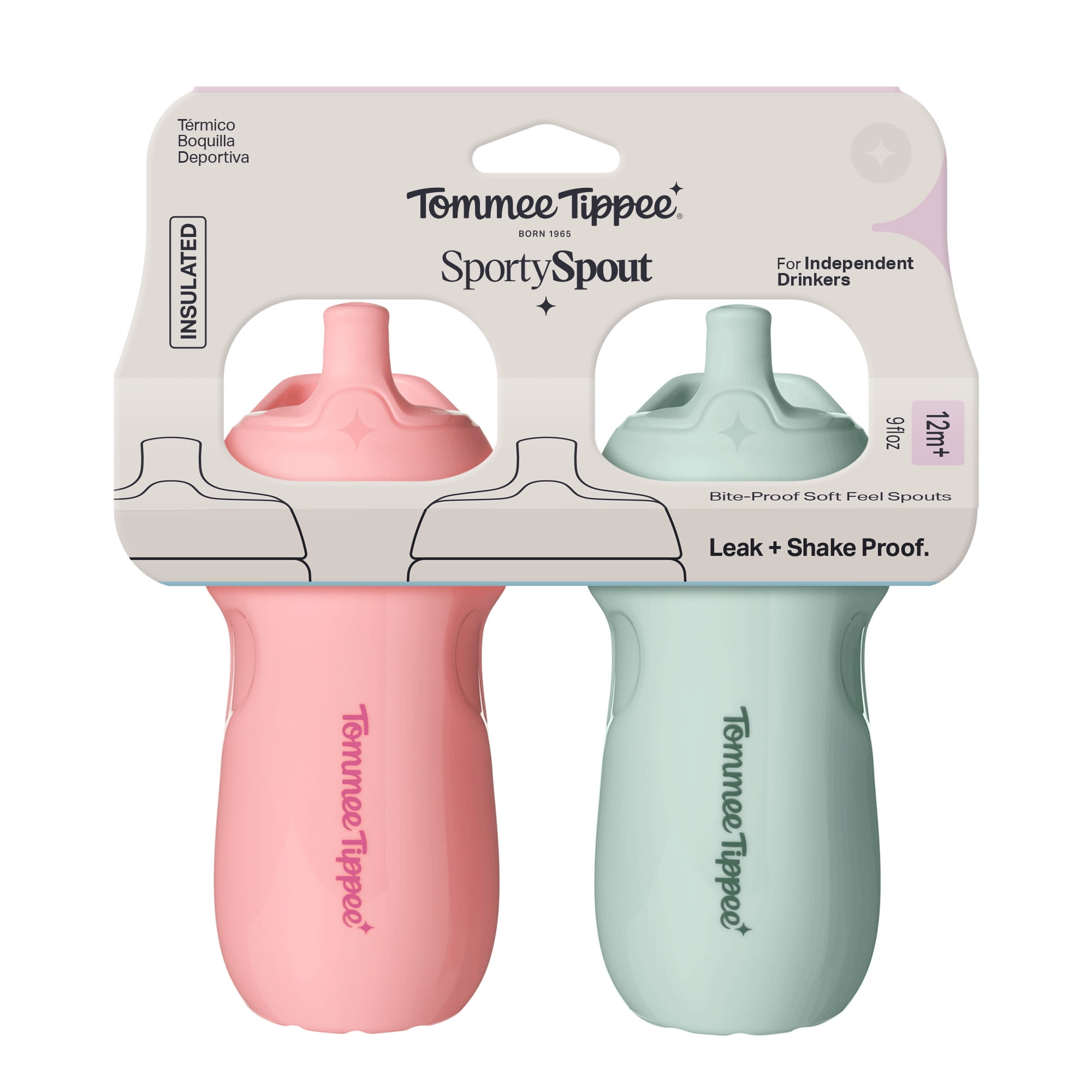 Tommee Tippee Insulated Sporty Spout Toddler Water Bottle, 1–3y, 9oz, No-Spill, Pink & Mint, 2-Pack