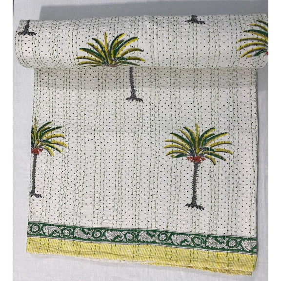 White Base Palm Tree Indian Kantha Quilt Handmade Cotton Bedspread Lightweight Tropical Indian Boho Bedding for Bed Sofa Decor