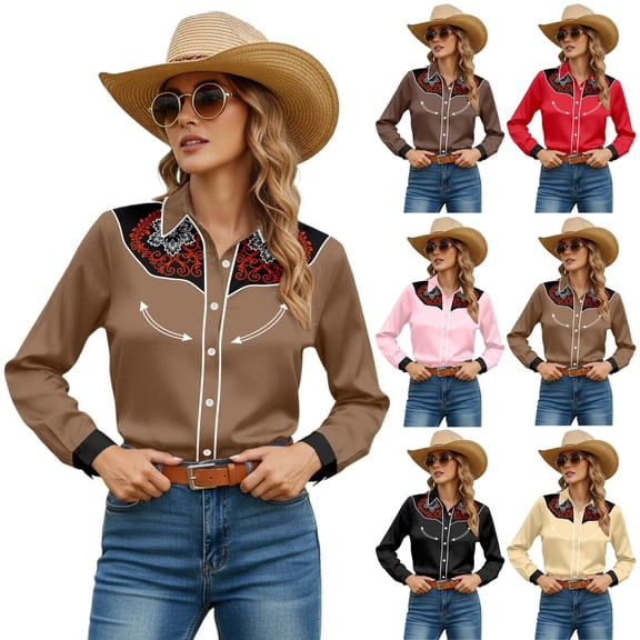Cowboy Shirts for Women Western Cowgirl Button Down Shirt Floral Embroidery Long Sleeve Country Style Snap Beige Tops L