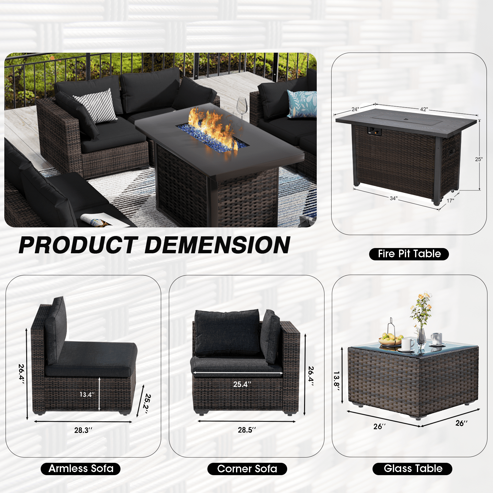 Grezone 10 Piece Patio Furniture Set with Fire Pit Table, All Weather Outdoor Sectional PE Rattan, Patio Conversation Sets with Cushions and Glass Coffee Table for Garden Lawn Balcony