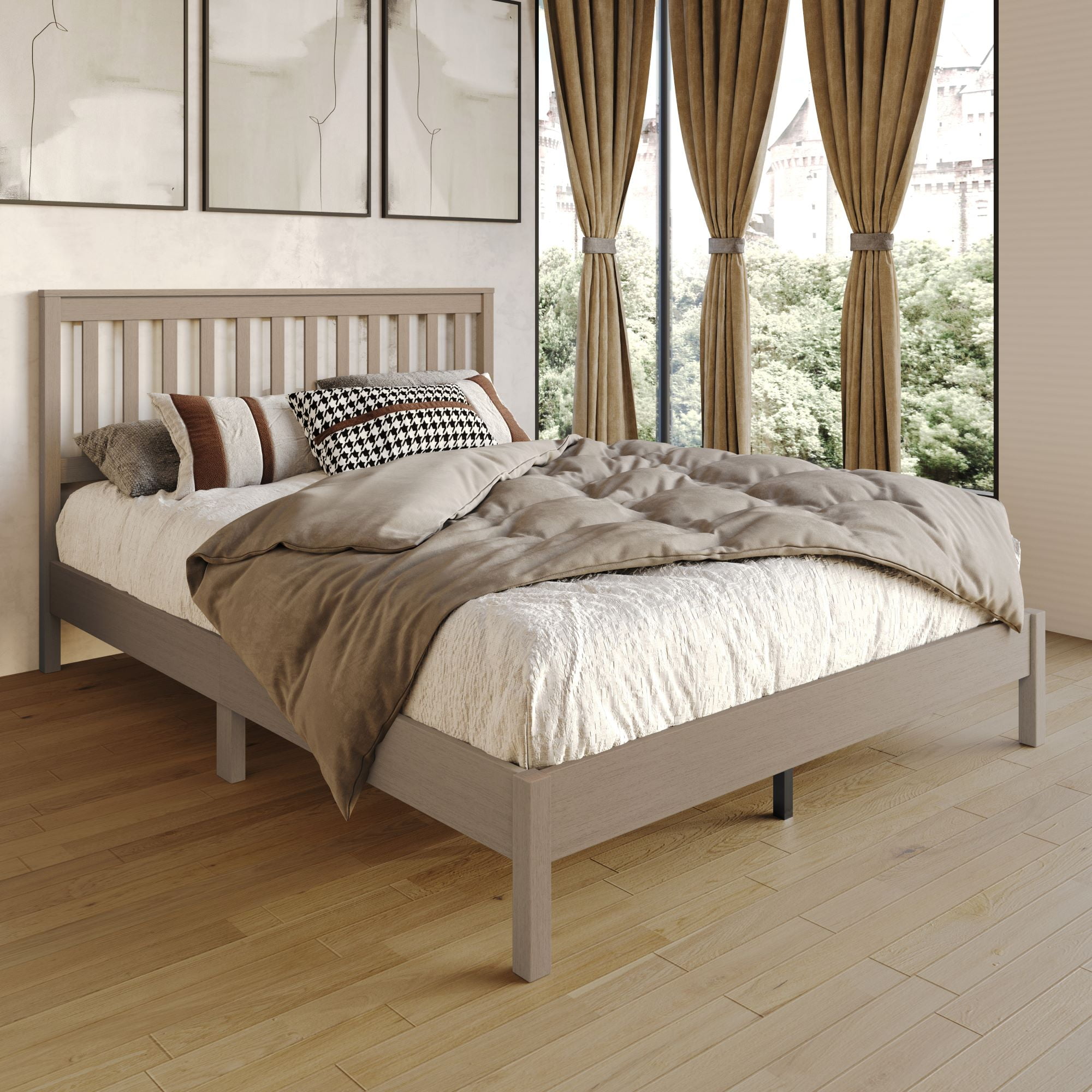 Home Design Fresno Twin Wood Platform Bed Frame with Open Slat Panel Headboard, Gray, Easy Assembly