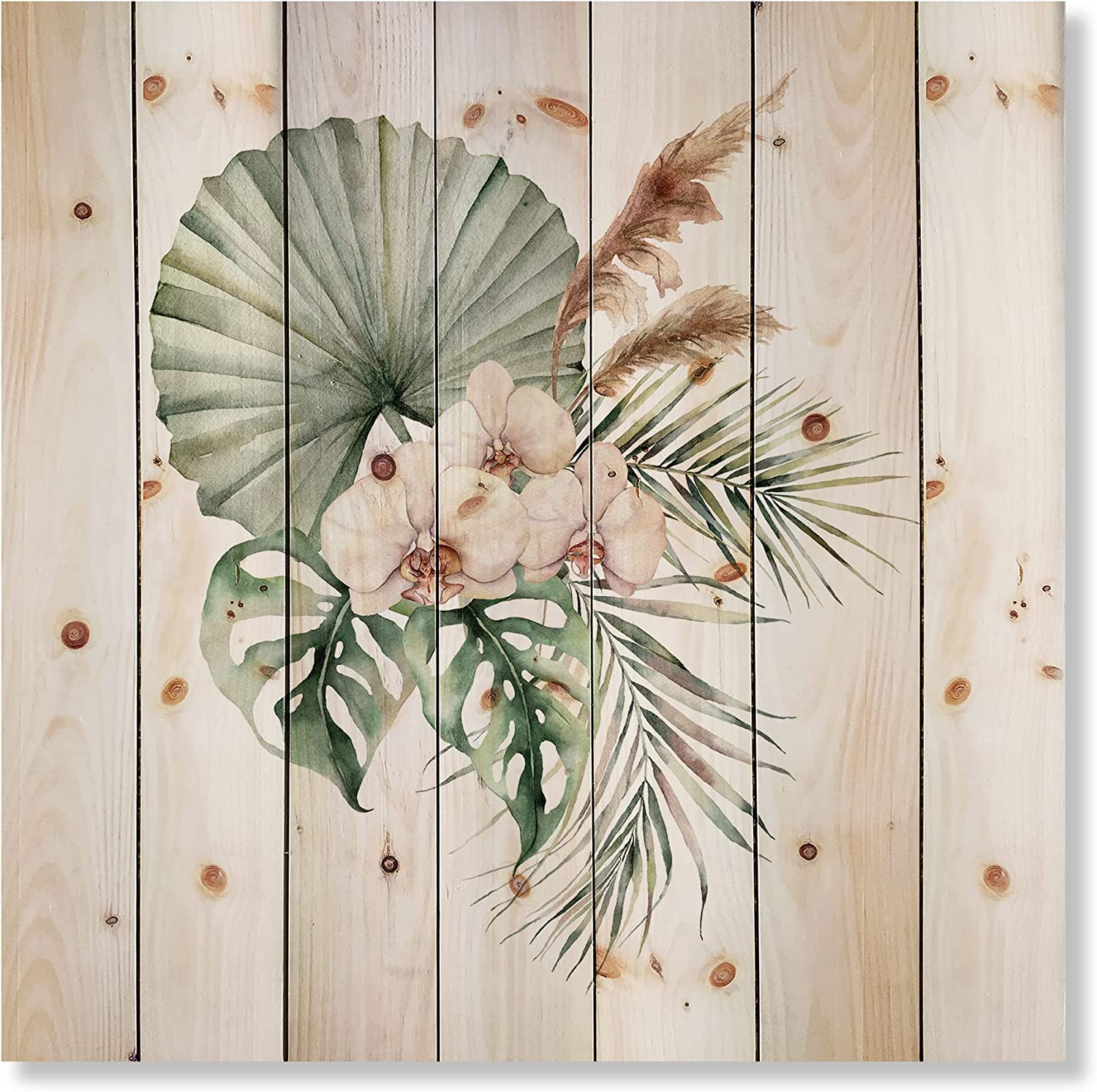 Designart 'Tropical Bouquet With Palm Orchids Leaves' Traditional Print on Natural Pine Wood