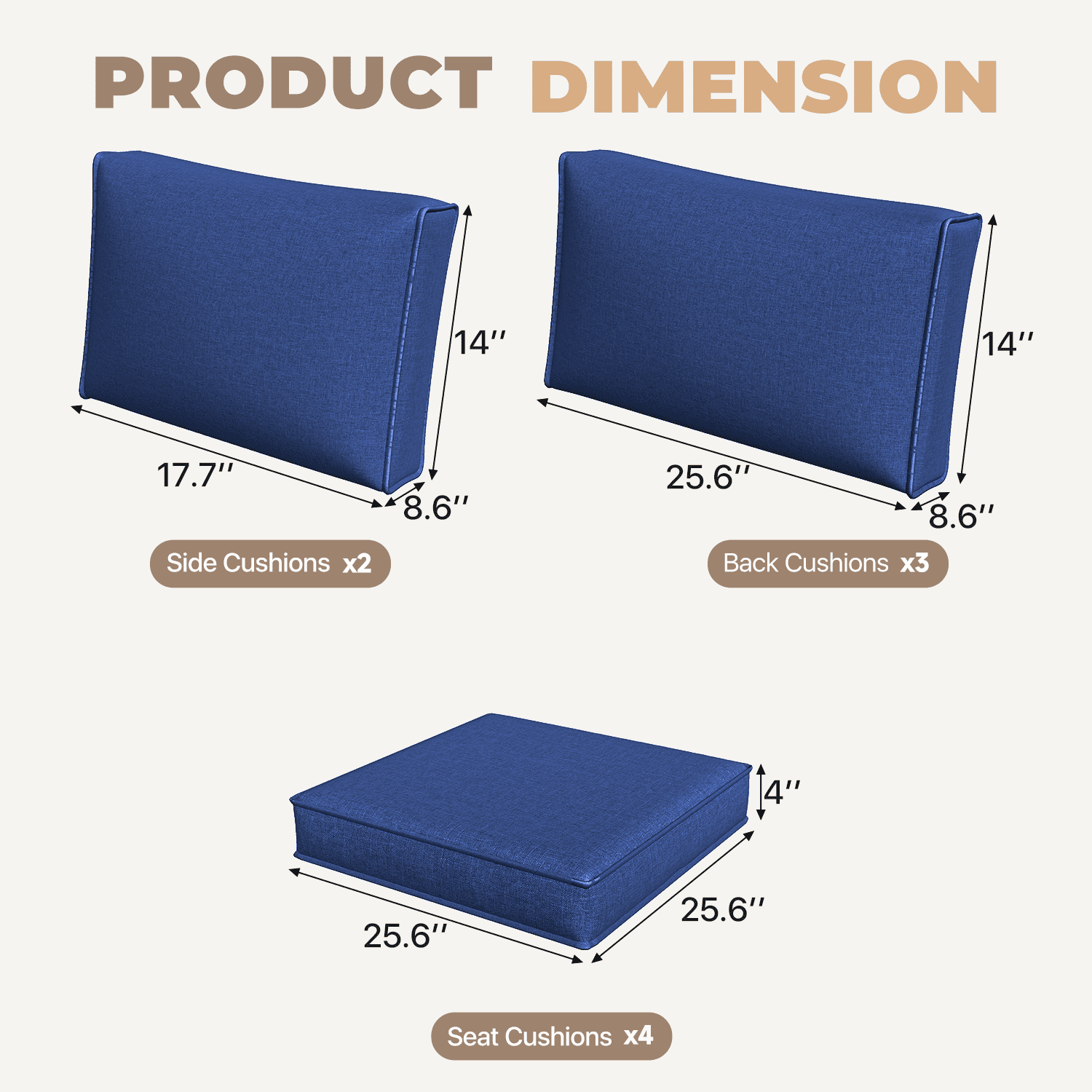BaPiPro 4-Person Navy Blue Outdoor Sectional Sofa Cushions, Waterproof Polyester Patio Cushions with High-Density Sponge & Side Pillows, No Assembly for Backyard, Balcony, Deck & Poolside
