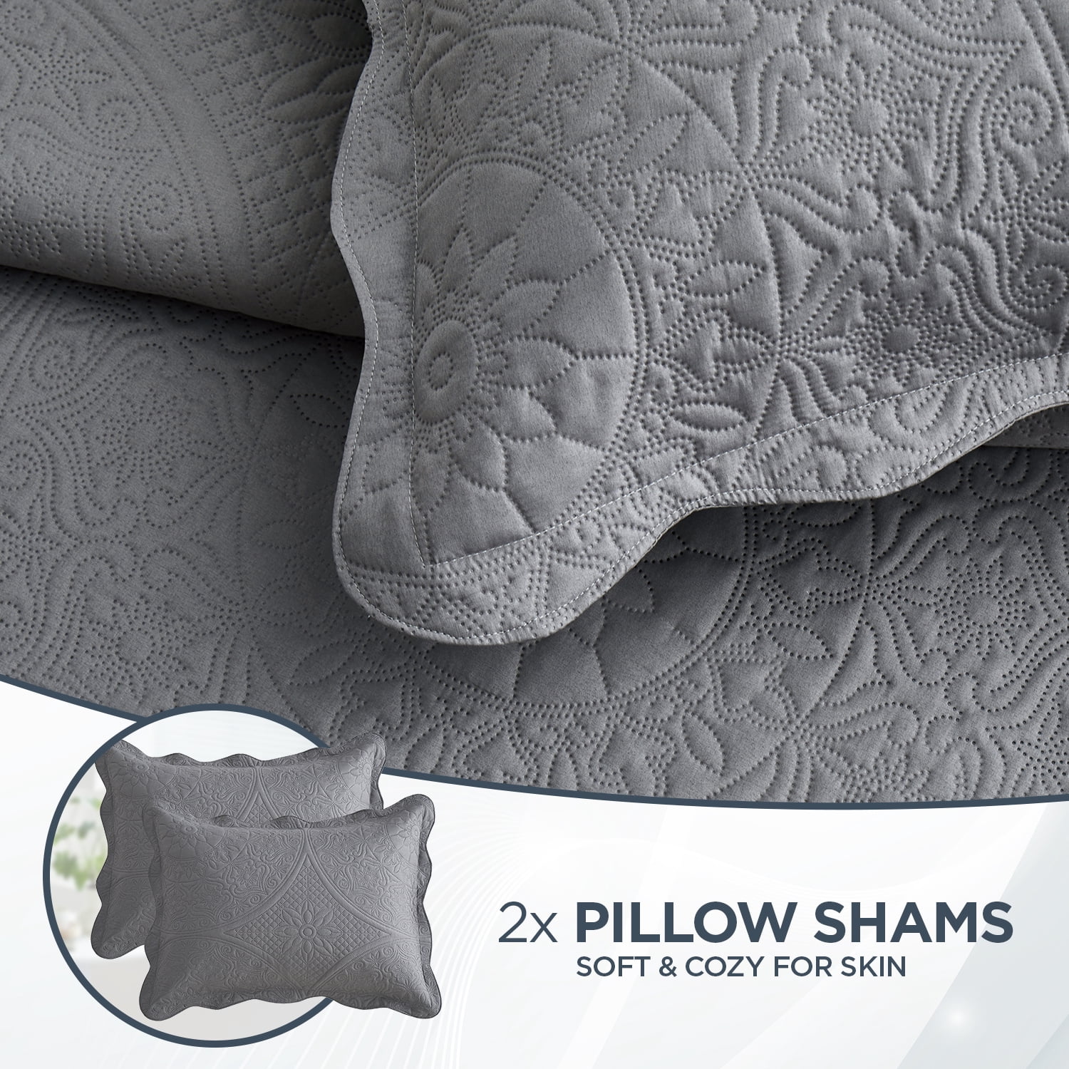 Moonlight20015 3 Piece Quilt Set Lightweight Microfiber Bedspread Modern Floral Embossing Gray Queen