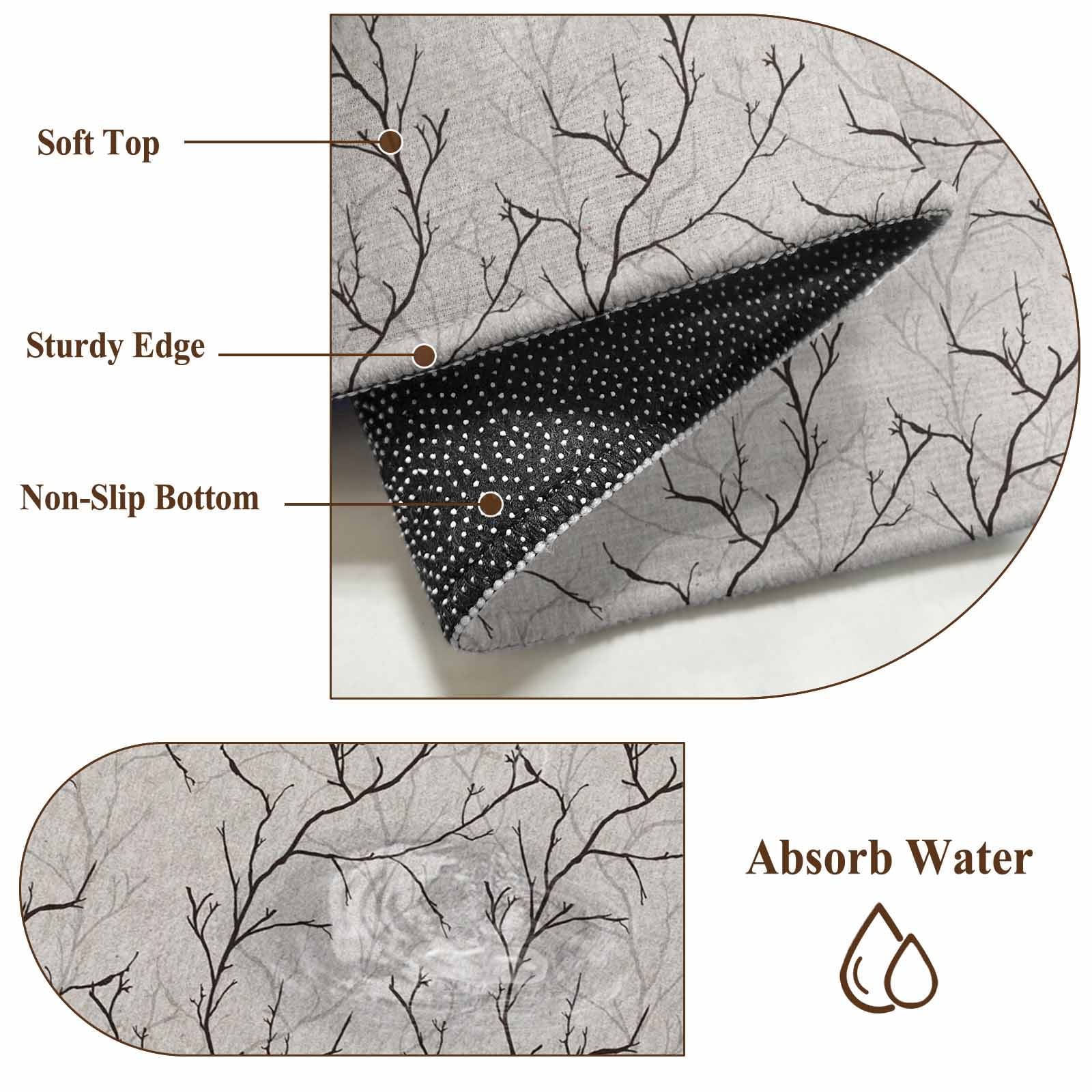 Black Grey Branches Round Area Rug 7Ft Washable Circle Rugs for Dorm Laundry Room, Vintage Art Farmhouse Non-Slip Carpet Floor Mats Indoor Outdoor Carpet Runner Aesthetic Home Decor