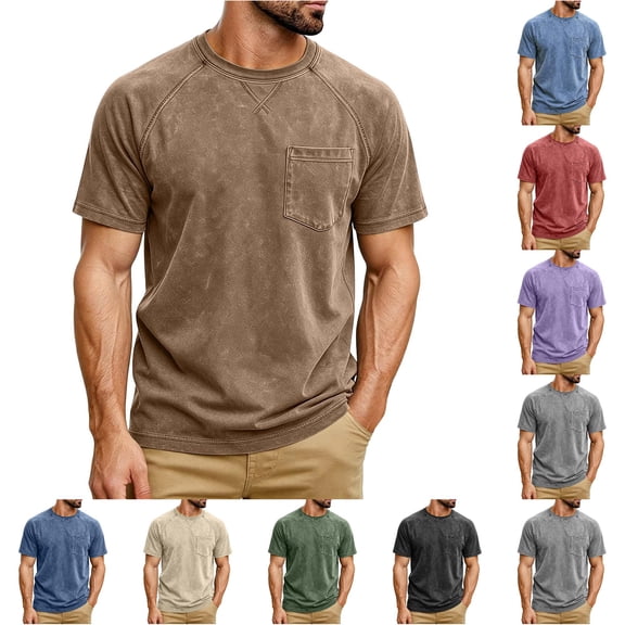 JAJAHO Mens T Shirt Distressed Washed Casual Pocket Tee Summer Raglan Short Sleeve Solid Color Vintage Tshirts Soft Tops