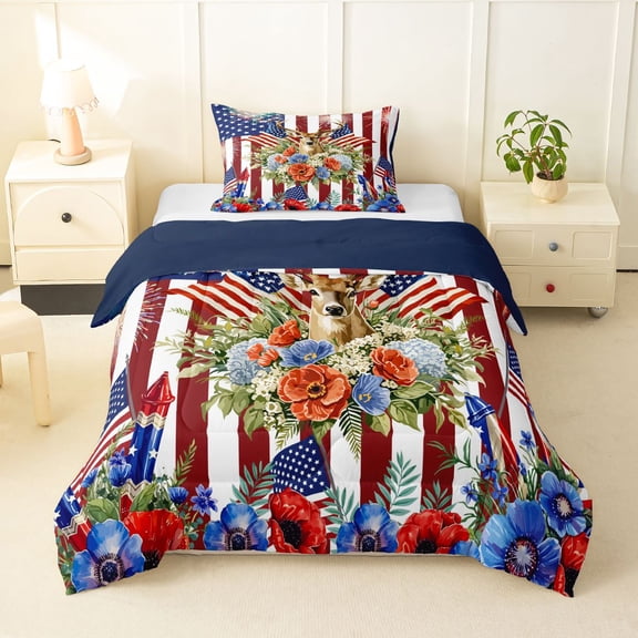 Manfei Watercolor Floral Twin Comforter Sets,Classic Buck Head Flag Bedding Set,Red Navy,Navy Blue Reversible,2-Piece,1 Comforter and 1 Pillowcase
