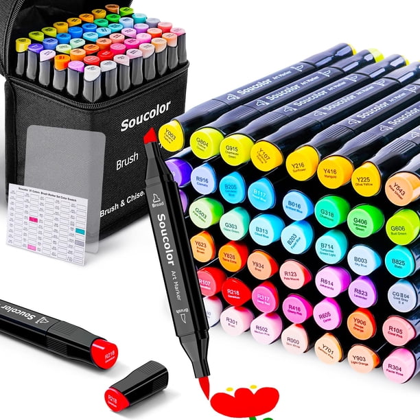 Marcadores de Alcohol Soucolor 51 Colores Doble Punta Pincel y Cincel