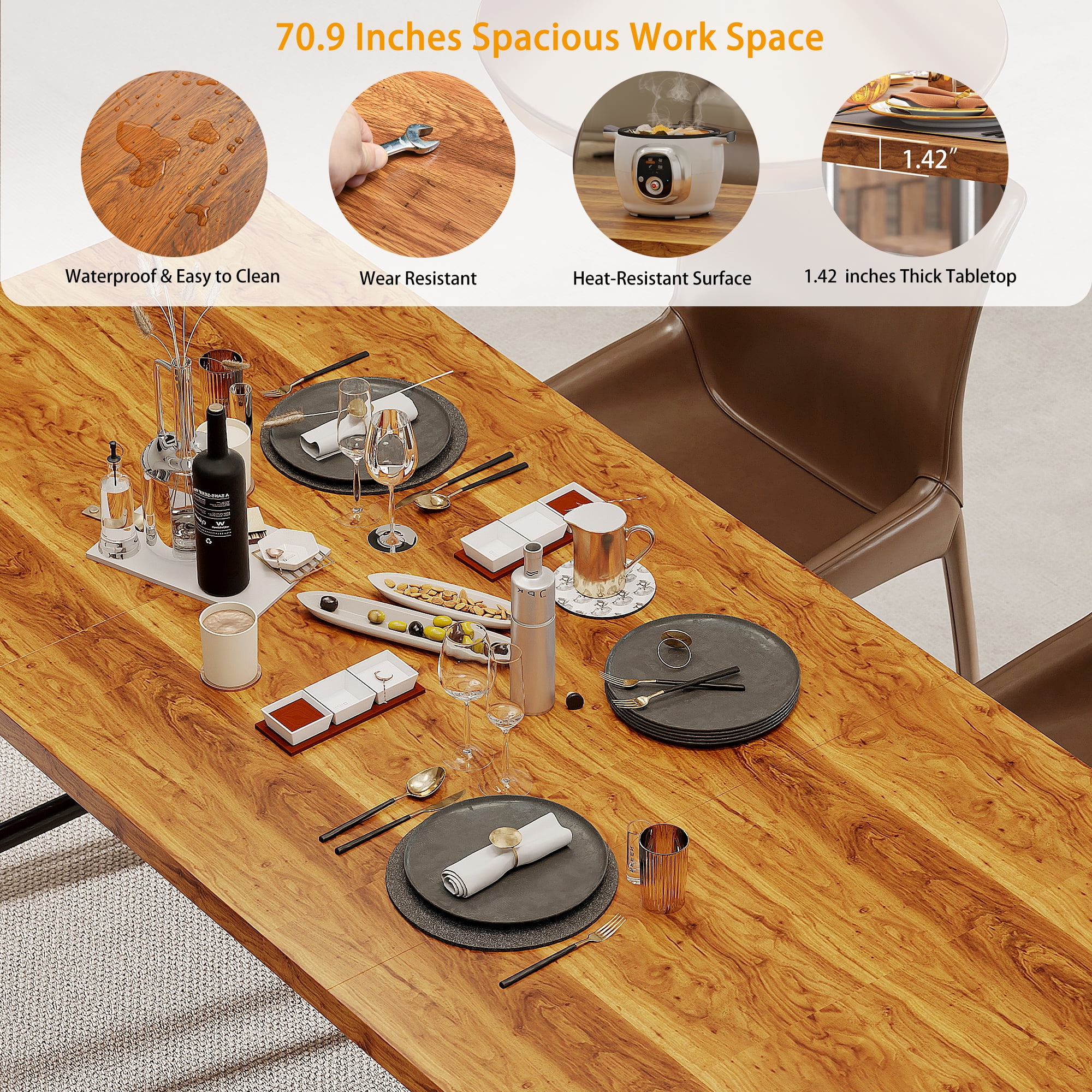 Manora 70.8 Inch Industrial Rectangular Dining Table for 6-8 People, Heavy Duty Wooden Kitchen Table with Black Metal Frame for Dining Room Kitchen