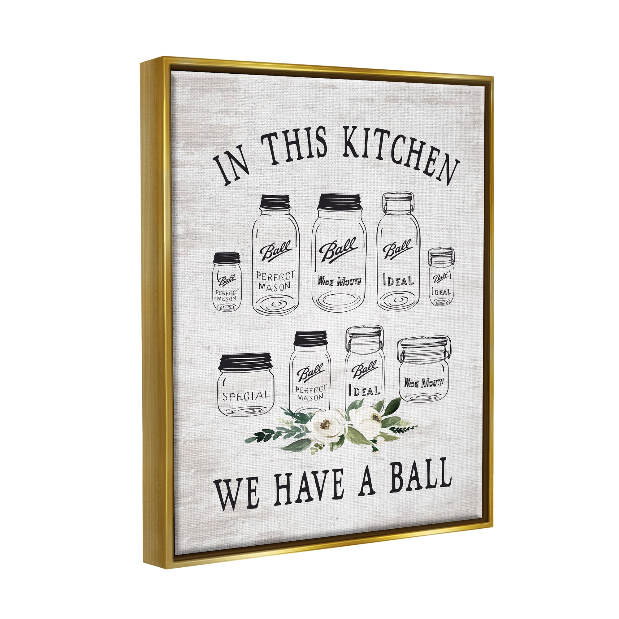 Stupell Industries Kitchen Jar Phrase Botanical & Floral Painting Gold Floater Framed Art Print Wall Art, 25 x 31
