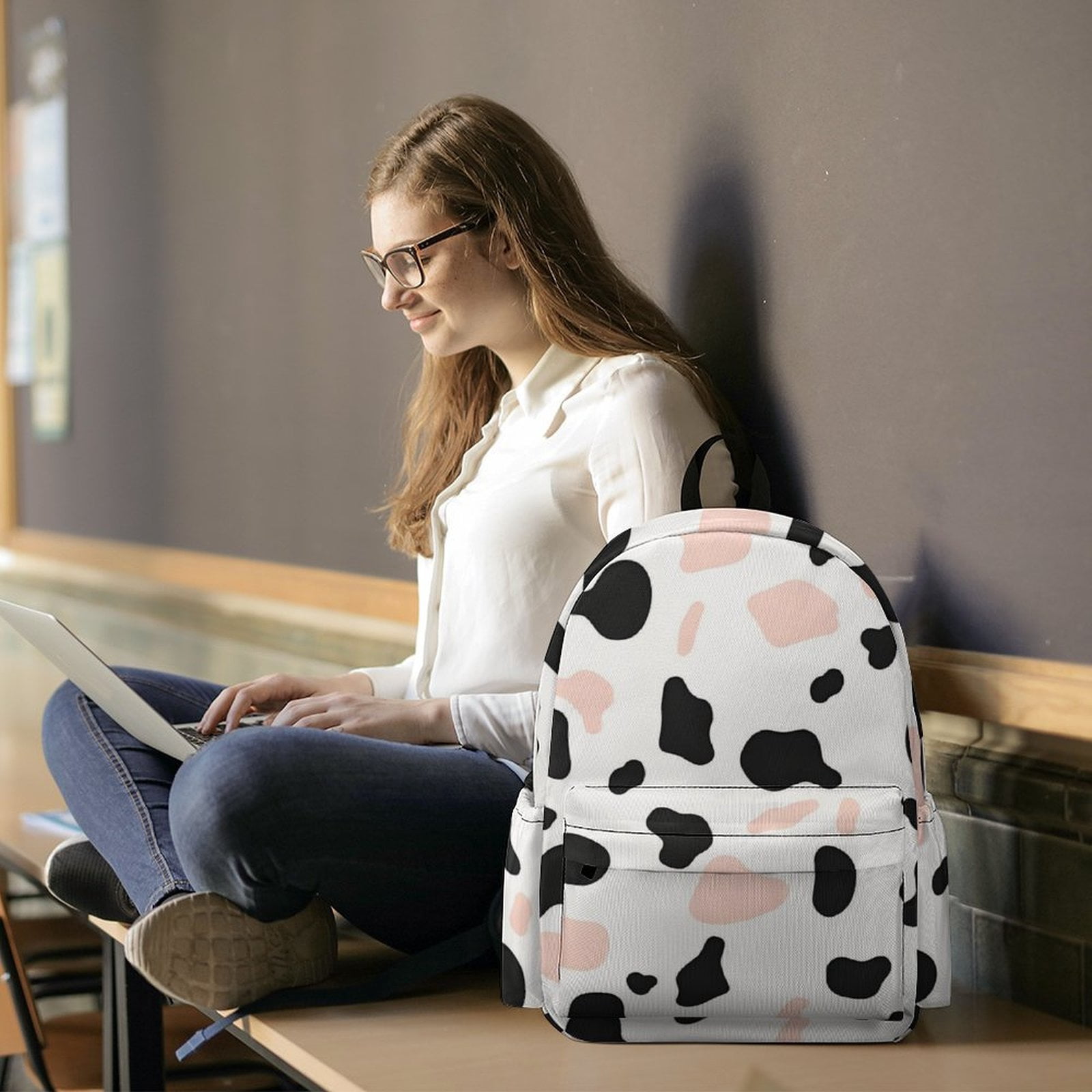 Large Capacity Half Print Backpack 11.8×16.5×5.9in Multifunctional Zipper Design Convenient Switch Simple Cow-print Pattern1_2