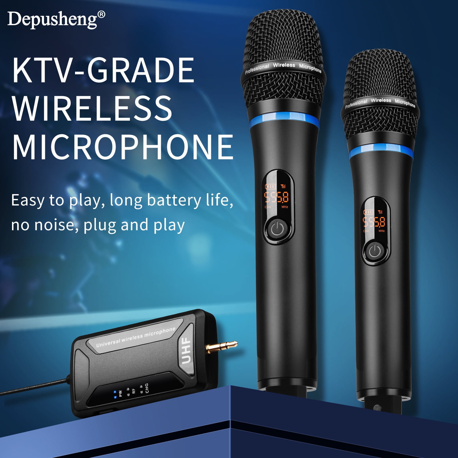 Depusheng W8-1 Wireless Microphone Dual Handheld Cordless Microphone with Rechargeable Receiver for Singing, Karaoke, Church, Speech, Wedding