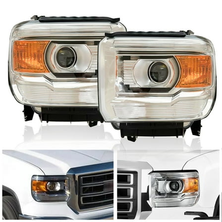 Halogen Headlights Pair for 2014-2018 GMC Sierra 1500 / 2015-2019 2500HD & 3500HD - Direct Fit Replacement Headlamps with Chrome Housing, Plug and Play Installation
