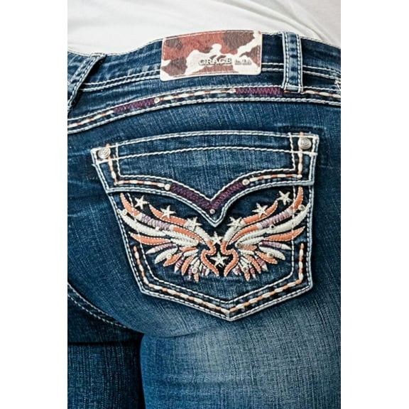 Grace in LA Women's Wing Star Faux Flap Pocket Embroidered Stretch Bootcut Jeans (25, Blue)