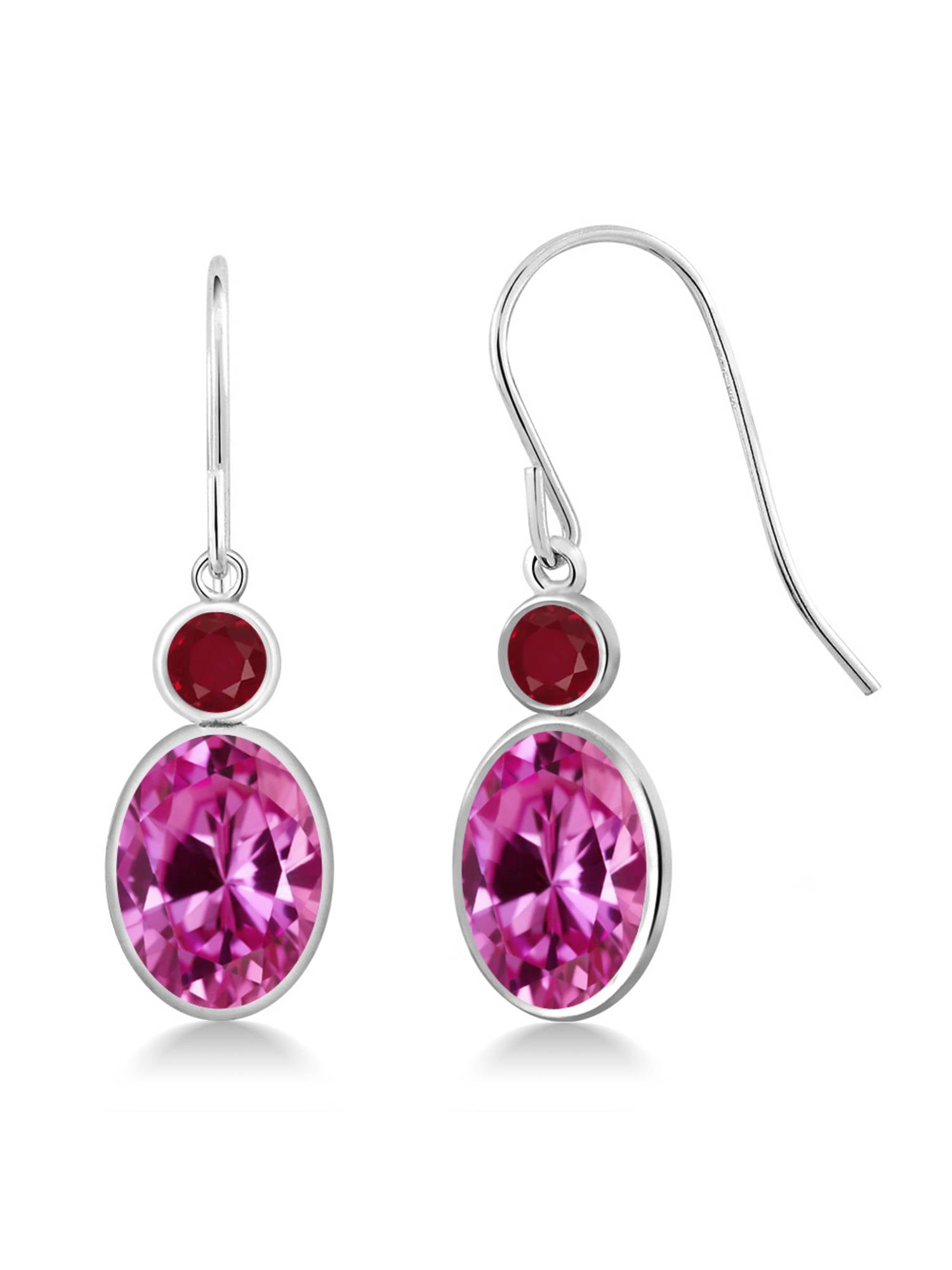 3.58 Ct Oval Pink Created Sapphire Red Ruby 14K White Gold Earrings by