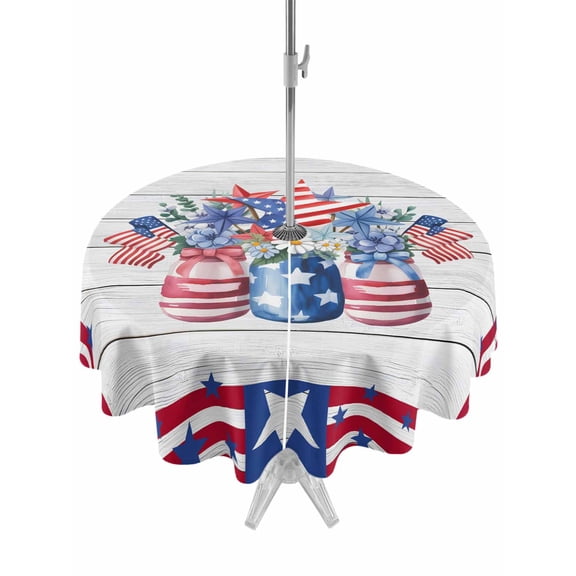 Outdoor Tablecloth with Umbrella Hole and Zipper, 4th of July Round Table Cloth 54 Inch Waterproof Tablecloth, Red Blue Patriotic Flowers Star Stripes Wooden Picnic Table Cover for Patio Camping