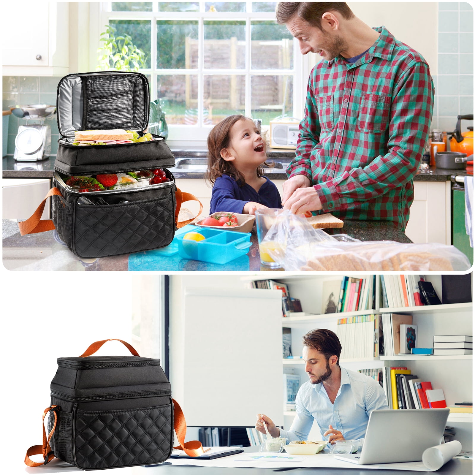Insulated Lunch Bags with Ice Pack, Double Layer Lunch Bag for Work and School Black