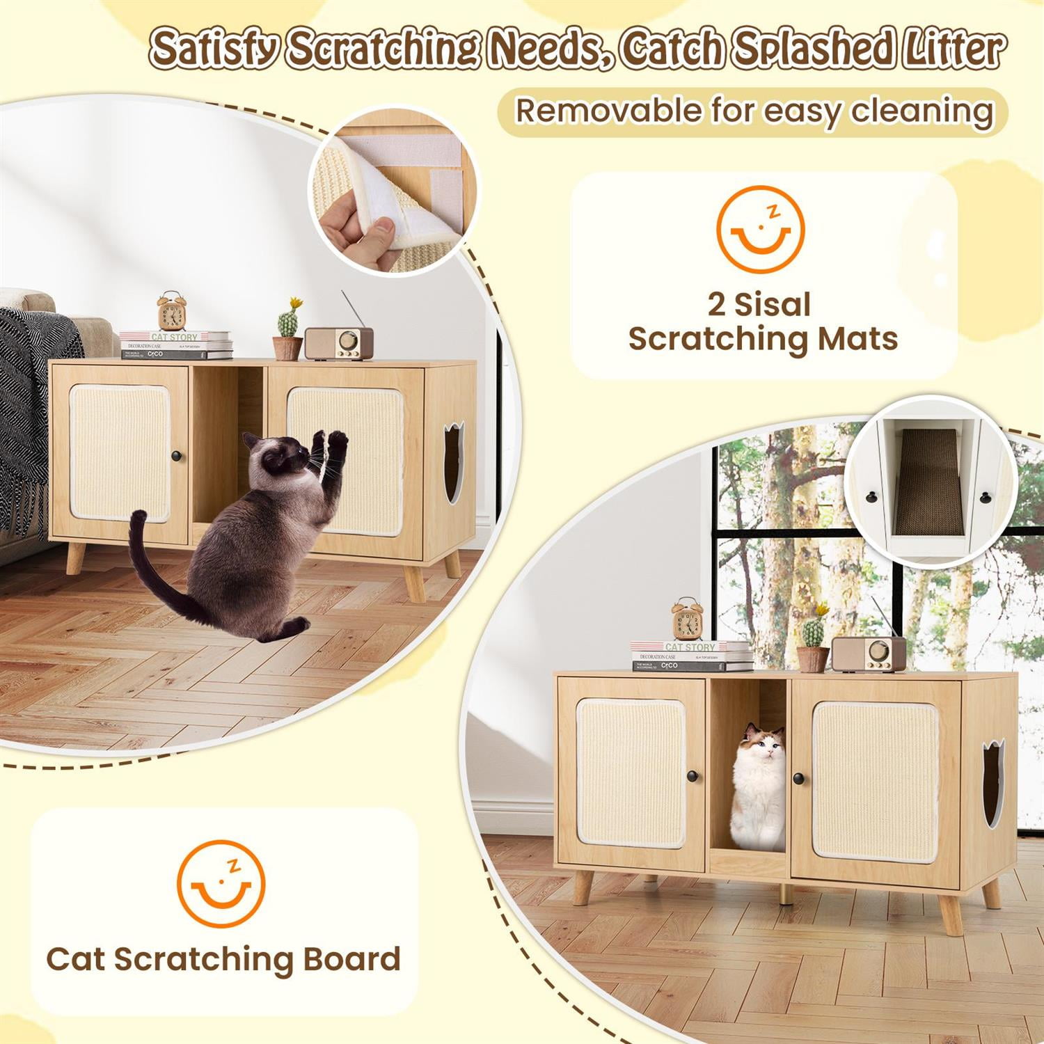 Pefilos 43" Cat Litter Box Enclosure, Double Rooms & 2 Sisal Mats, Rubber Wood Legs, Natural (Brown)