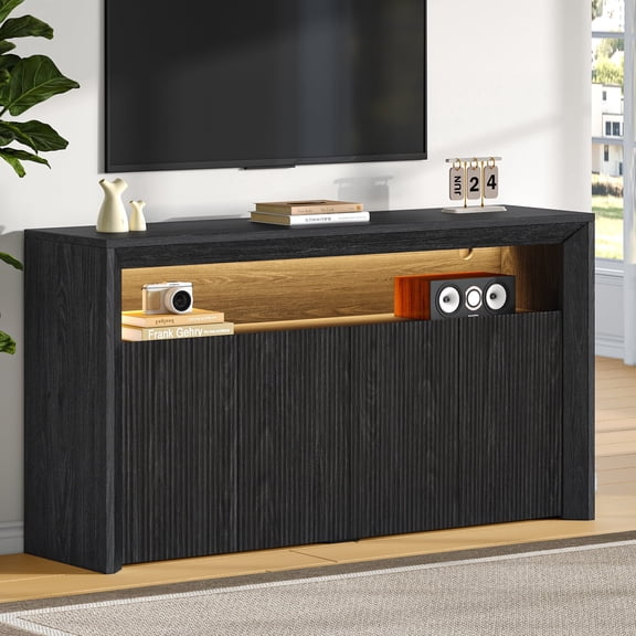 Virans TV Stand for TVs up to 85 Inch,Wood Entertainment Center with Open & Adjustable Storage,Mid Century Modern TV Media Console with LED Lights for Living Room,Bedroom,Dark Grey