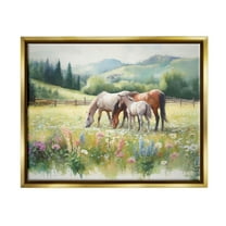 Stupell Industries Horses in Spring Meadow Animals & Insects Painting Gold Floater Framed Canvas Art Print Wall Art, 21 x 17